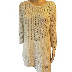 Chicos Travelers Open Knit Tunic Top Sz 2/M Ivory Silver Beach Largenlook Boho